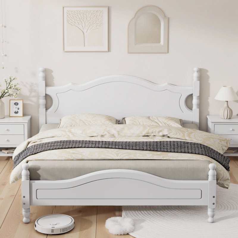 Lit plateforme moderne en bois massif rustique avec support de lattes durable, Lit double , Blanc