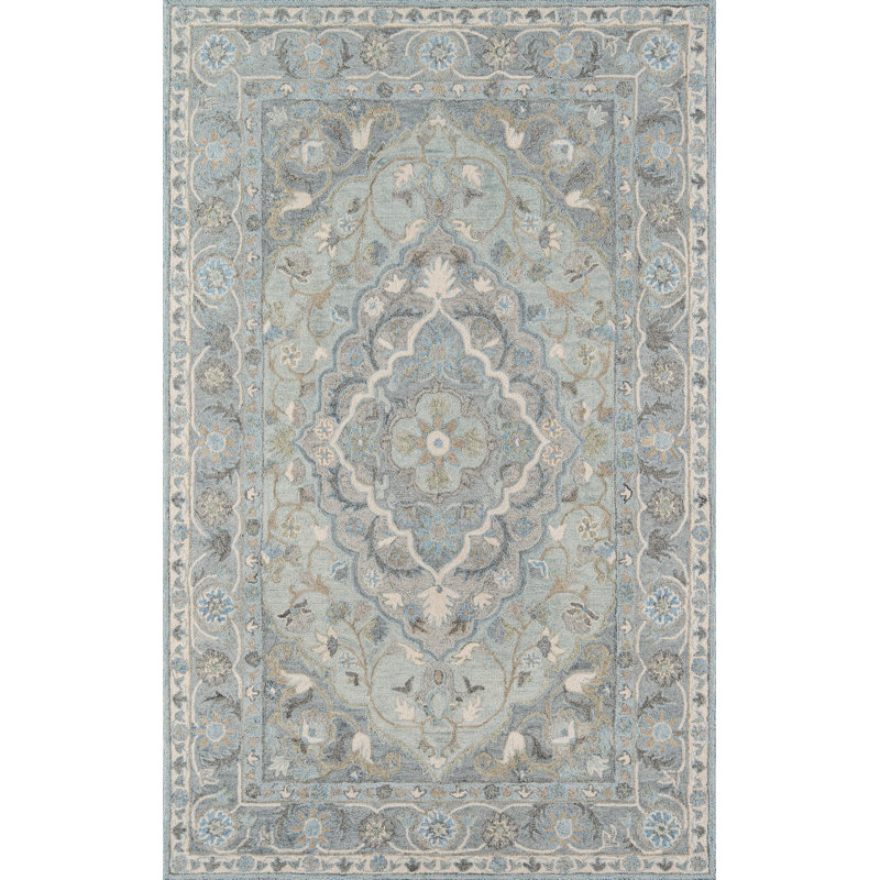 Tapis bleu / gris / beige en laine touffeté à la main Amalee, Rectangle 3 pi 6 po x 5 pi 6 po
