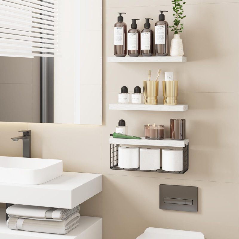 Tablette murale de salle de bain flottante, 3 + 1 tablette murale 15,7 po, Blanc