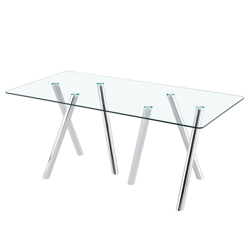 71-Inch Tempered Glass Dining Table With Sturdy Metal Legs, Silver