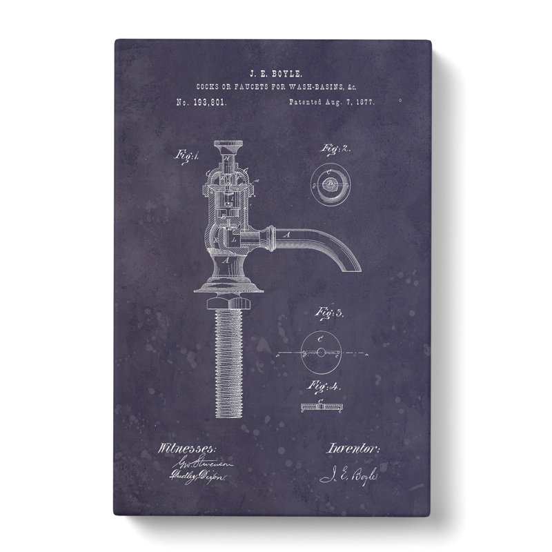 Water Faucet Tap Patent Dark - Wrapped Canvas, 91cm H x 60cm W x 3cm D