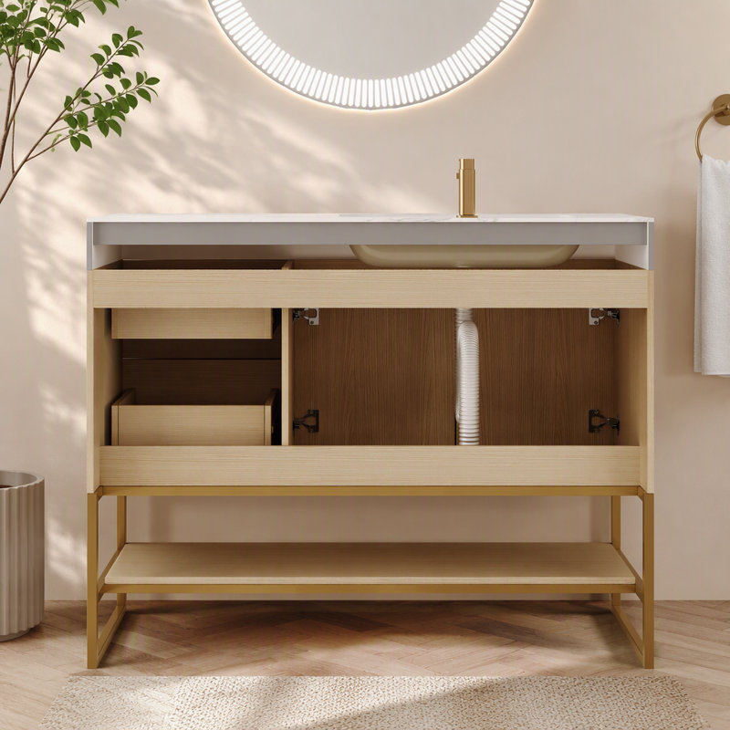Meuble-lavabo autoportant moderne 36 po avec lavabo en céramique sans soudure et plateau en pierre frittée, Wood
