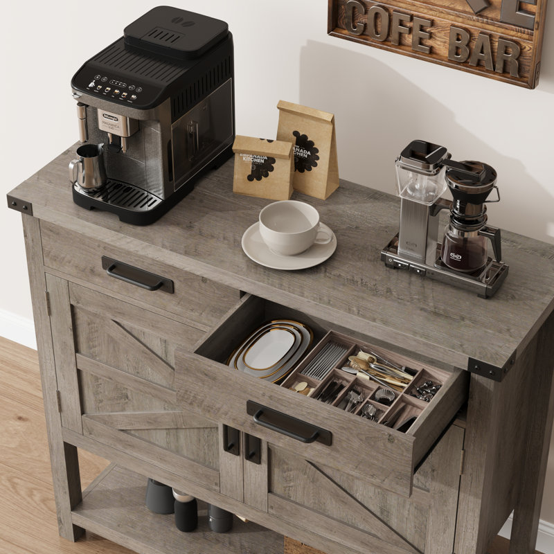 Console de style champêtre de 91 cm avec placard à 2 portes et 2 tiroirs – Buffet/meuble de rangement pour entrée ou cuisine – Gris