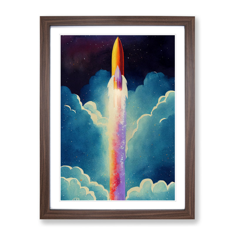 Spaceship Rocket In Flight No.2 Framed Print, 64cm H x 46cm W x 2cm D, Walnut