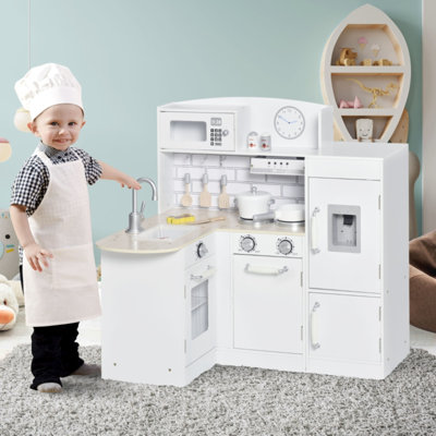 Wooden Kids Play Kitchen Set, 14-piece Cooking Toy With Drinking Fountain, Microwave And Fridge, Mdf Pretend Play Kitchen For Ages 3+, White