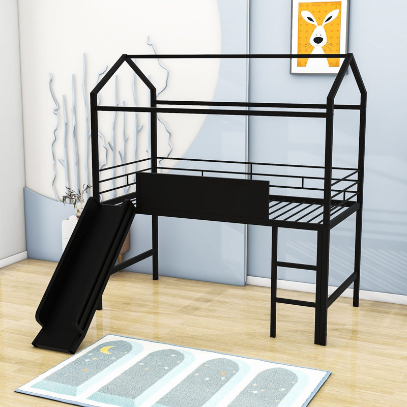 Skokie Twin Size Metal House Loft Bed with Slide and Writable Board by Harper Orchard, Black