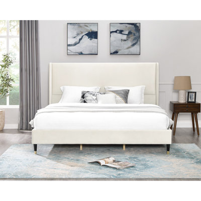 Beige Velvet Wingback King Bed - Frame And Upholstery For Long-Term Use Bedroom Modern Comfortable Design