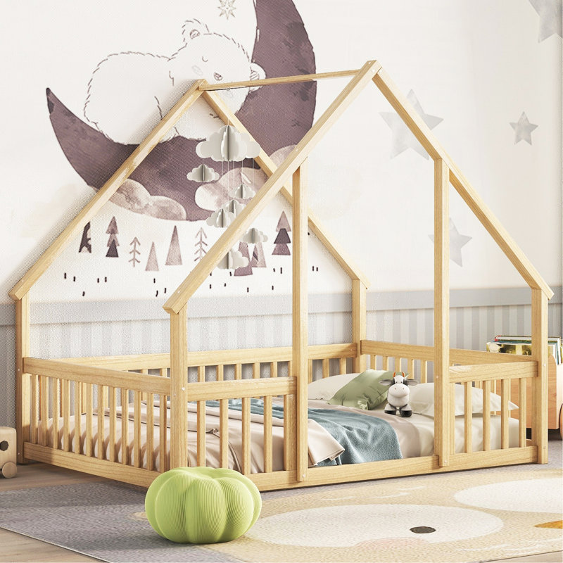 Full Wood House-Shaped Floor Bed With Fence, Guardrails,Natural, Natural, Full