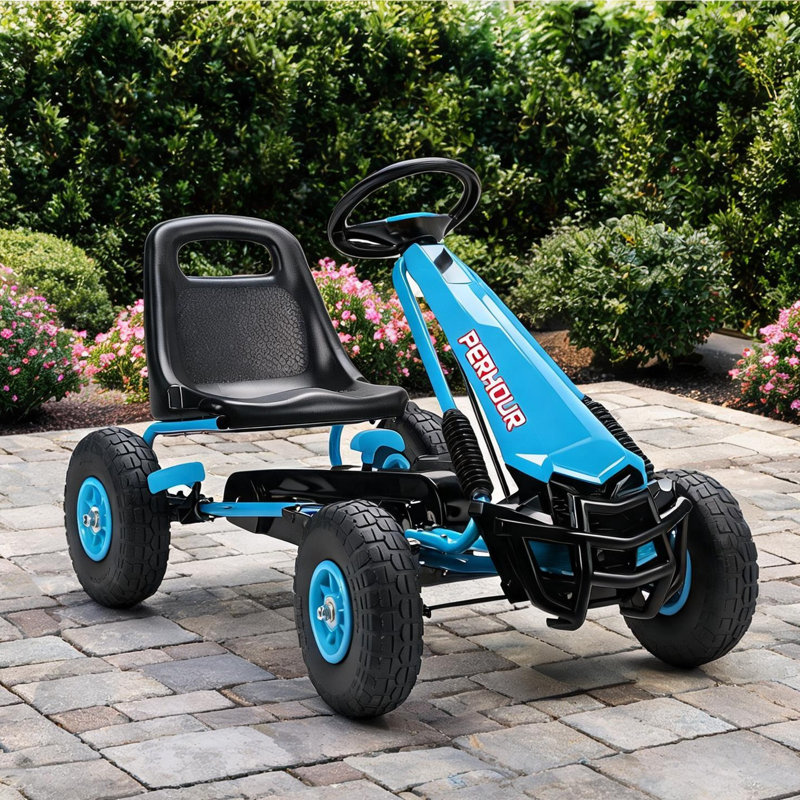 Kart à pédales avec siège réglable pour les enfants de 3 à 8 ans, cadre en acier bleu riche et roues en EVA