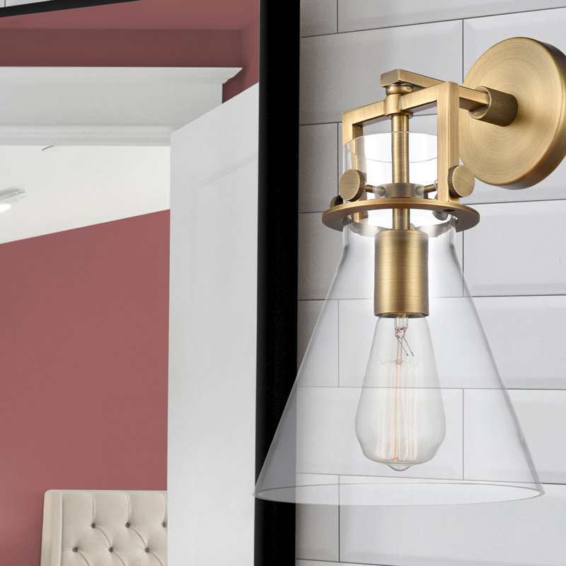 Skokie Steel Armed Sconce, Brushed Brass, Clear
