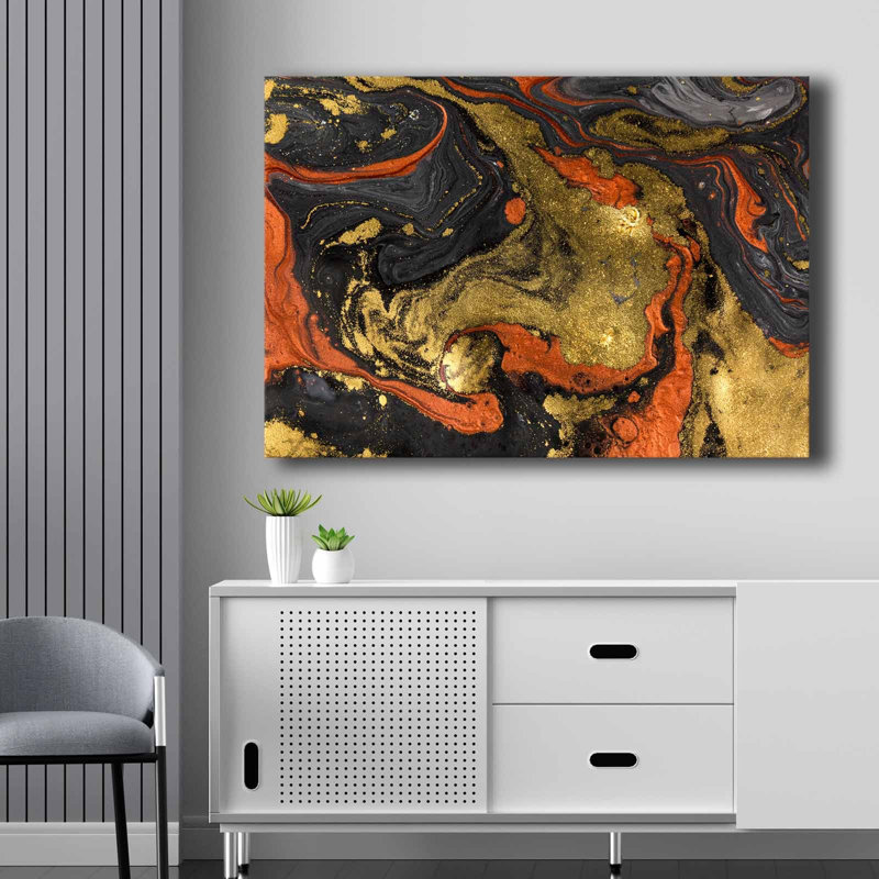 Stunning Decorative Canvas Painting, 27.6 x 39.4 inches | 100% Canvas (Thickness: 0.1 inches) on 100% Pine Wood Frame (Thickness: 0.9 inches) | Vibrant Orange, Gold & Black Design, Perfect for Home Decor & Art Lovers