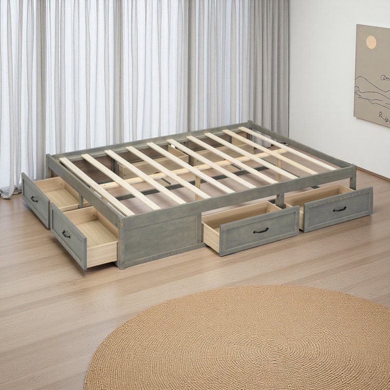Structure de lit plateforme de rangement - Tiroirs, finition contemporaine en bois, peu encombrante, Lit double , Gris