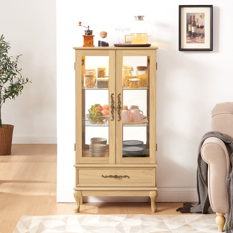 Curio Cabinet Lighted Glass Cabinet Glass Wine Cabinet Curio Display Cabinet With Adjustable Glass Shelves 2 Doors And 1 Drawer Cabinet Sideboard With Bulb Included