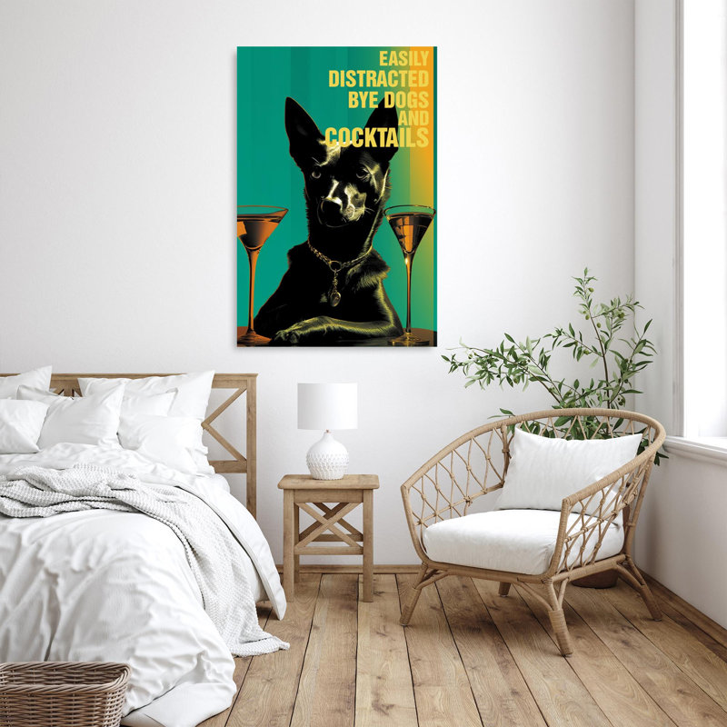 Marisia, chiens et cocktails sur toile, H 14 po x l 11 po x P 1,25 po