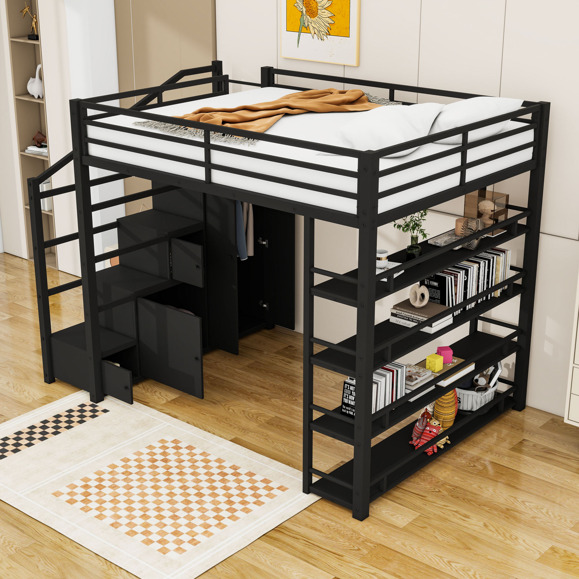 Harriet Bee Queen Metal Loft Bed with Shelves and Wardrobe | Wayfair