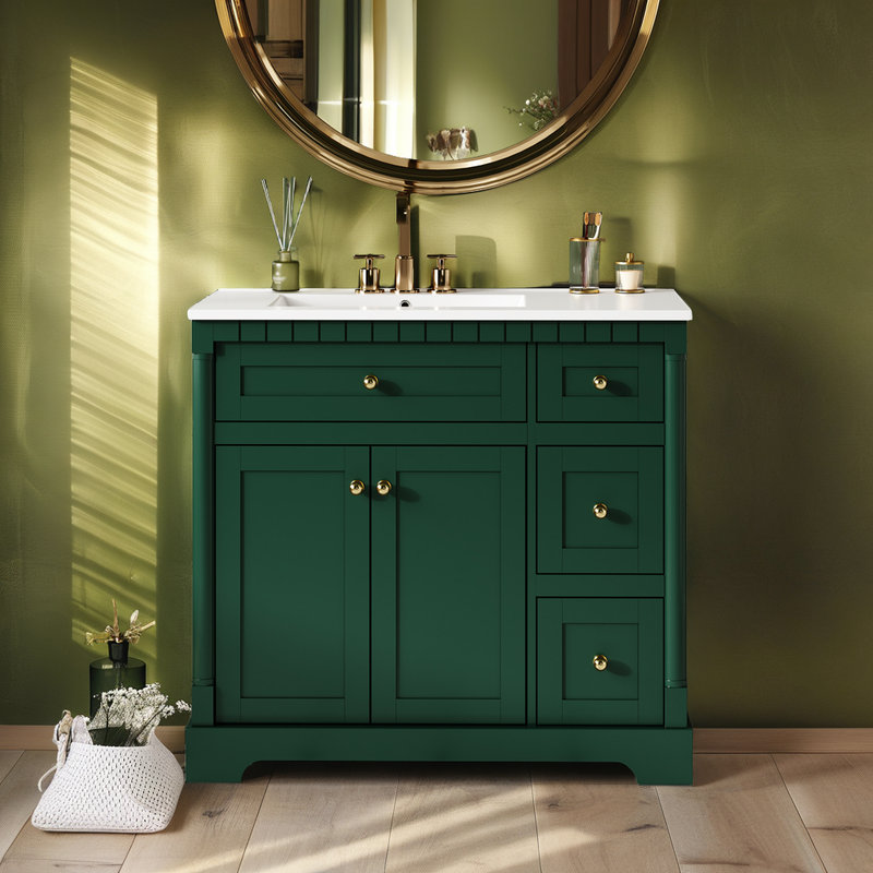 Lark Manor™ 36" Vintage Green Bathroom Vanity – Ceramic Sink – Tip-Out ...