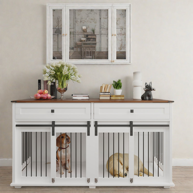 Grande cage double pour chien avec 2 tiroirs, séparateur central amovible, porte coulissante et tube en fer