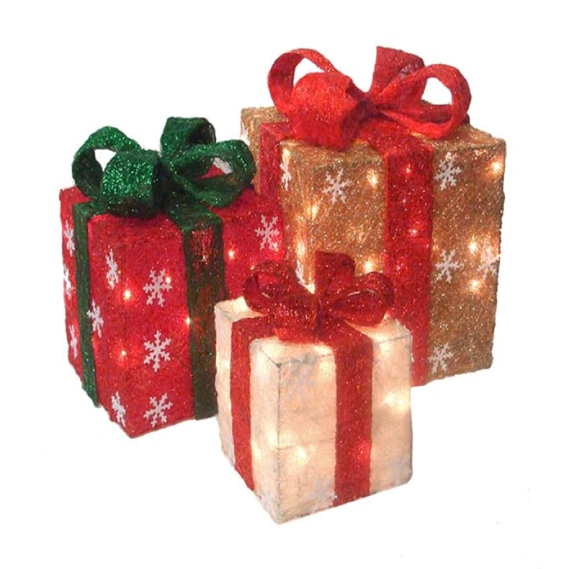 Ensemble de 3 boîtes-cadeaux de Noël rouges et crème illuminées pour l'extérieur 10 po