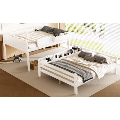 Grand lit superposé avec tablette de rangement et bibliothèque, lit superposé en bois avec échelle et garde-corps, conception détachable, blanc