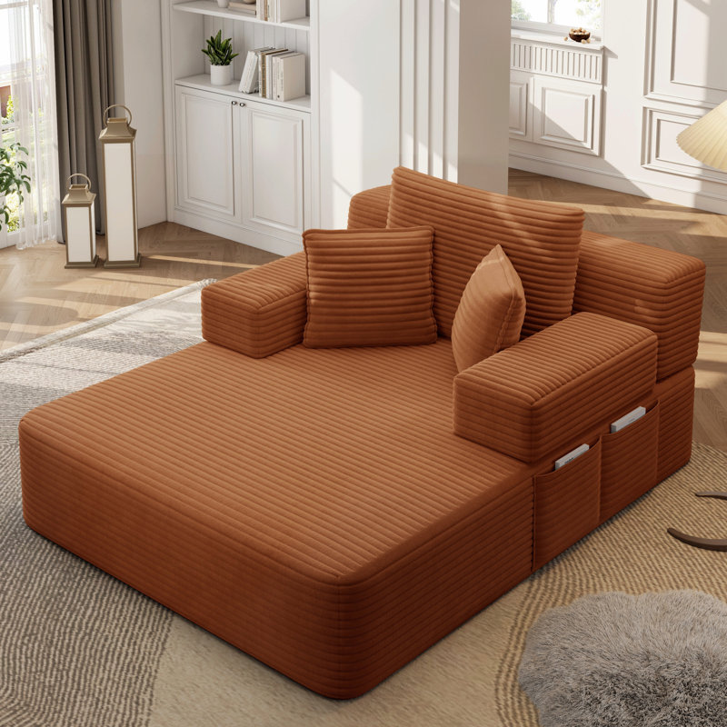 Canapé-lit convertible luxueux en velours côtelé avec pochette de rangement et accoudoirs larges, Orange