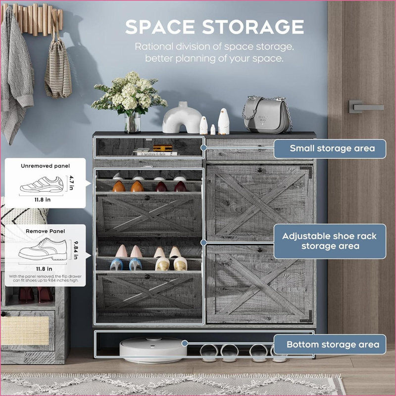 Range-chaussures avec 4 tiroirs rabattables, range-chaussures autoportant gris ardoise, rangement de 32 à 40 paires, panneau de fibres à densité moyenne et acier | Hall d'entrée