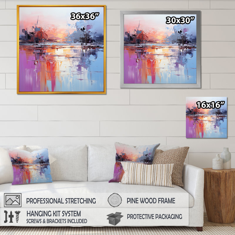 «Mauve et bleu», impression d'art mural abstrait, Cadre flottant doré, H 36 po x l 36 po x P 1,5 po
