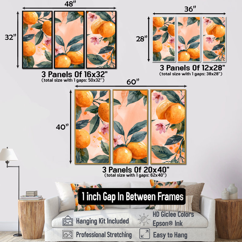 Ensemble d'art mural jaune, jaune, floral, orange, arbres III - fruits, Cadre flottant noir, H 28 po x l 36 po