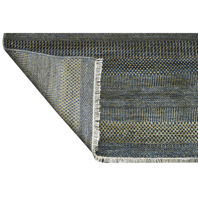 High-Quality Hand-Knotted Denim Blue And Gold Area Rug