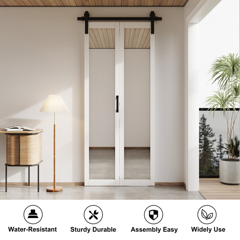 Mirrored Glass Bi-Fold Sliding Single Barn Door with Installation Hardware Kit, 36" x 84"