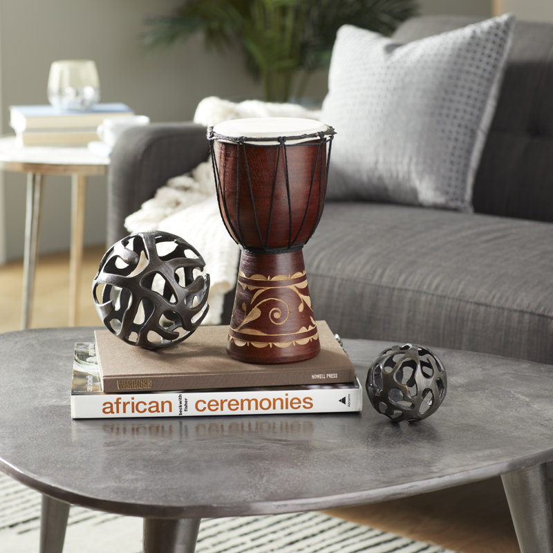 Sculpture Boettcher en bois brun fait à la main avec des accents de corde, H 1 po x l 12 po x P 6,33 po, Brun/crème