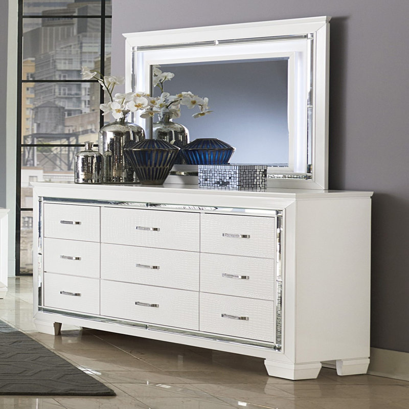Mobilier de chambre à coucher en bois avec finition texturée et audacieuse 9 tiroirs, Blanc