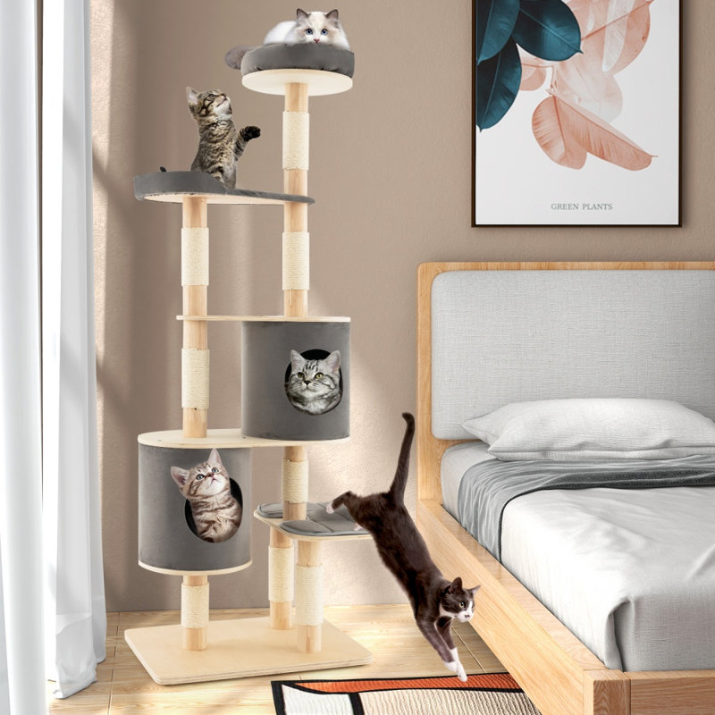 Arbre à chat autoportant de 190 cm avec 2 niches, perchoir et poteaux en sisal, gris, Grey