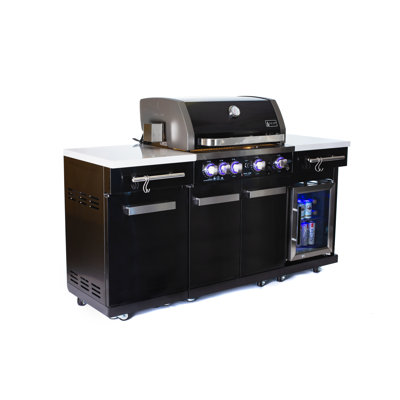 NEW MODEL Mont Alpi 5-burner Black Stainless Steel Outdoor Kitchen Island Gas Grill + Fridge Cabinet