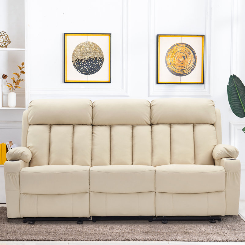 Zhanea Power Reclining Sofa with Heat and Massage,  3-Seat Dual Recliner Sofa, Cream White