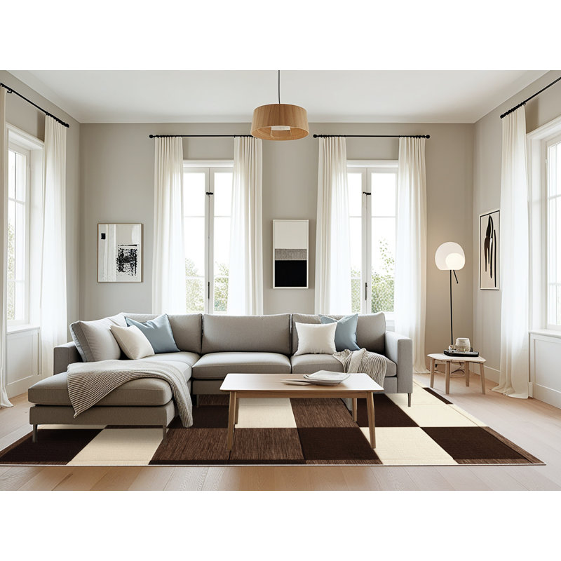 Tapis beige à carreaux lavable à la machine, Rectangle 6 pi x 9 pi