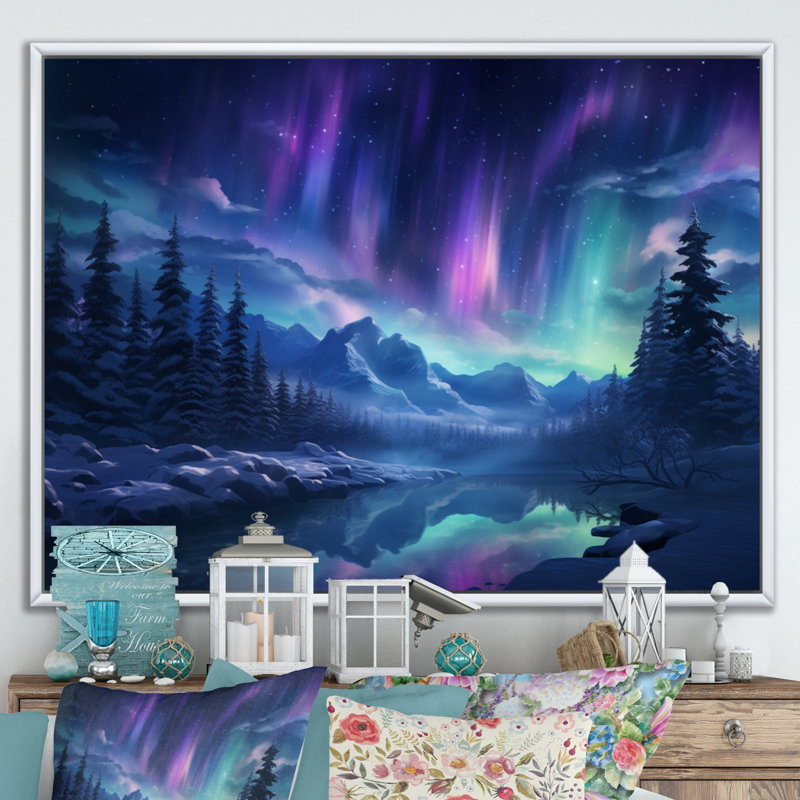 Northern Lights I - aurore boréale, art mural pour le salon, Cadre flottant blanc, H 30 po x l 40 po x P 1,5 po