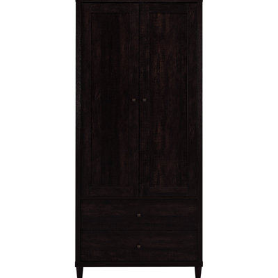 Armoire haute à 2 tiroirs, finition tabac rustique, bois d'ingénierie, détails en laiton, convient aux espaces de vie et de salle à manger de 74,02 po ou plus