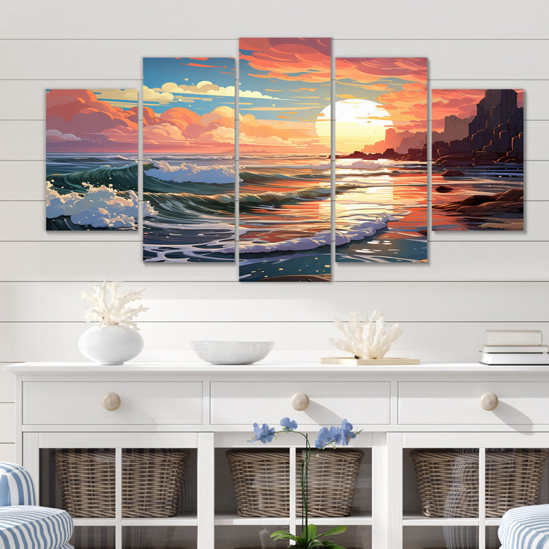 Glorious Blossoming Sunrise Over Ocean I - Art mural sur toile plage - 5 panneaux