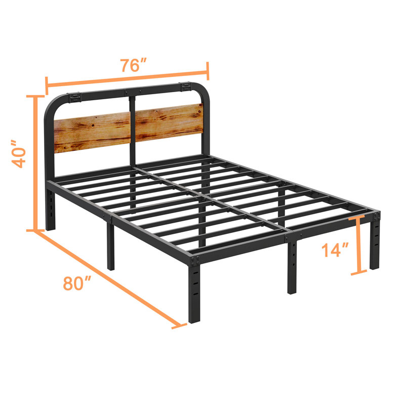 King Size Black Metal Platform Bed with 40-Inch Solid Wood Headboard, Underbed Storage, Noise-Free Support, No Box Spring Needed