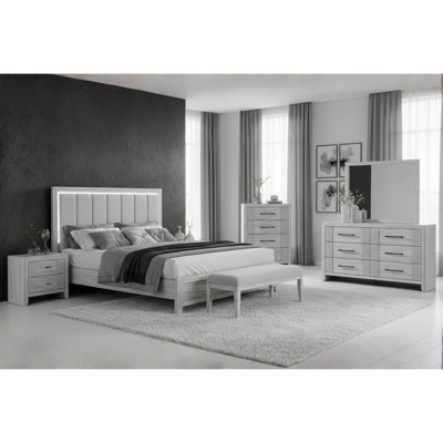 Full Size Panel Bed with Channel Tufted Upholstered Headboard, Integrated LED Lighting and Tapered Legs, Solid Wood and Manufactured Wood Construction in Grey Finish
