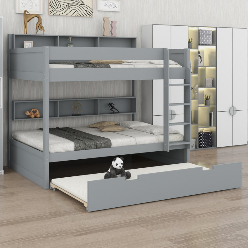 Lit superposé avec lit gigogne caché, parfait pour les chambres d'amis, Simple sur simple, Gris