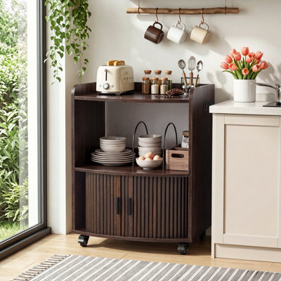 Rolling Coffee Bar Cabinet with Power Outlet, Mobile Kitchen Cart with Sliding Tambour Doors and Storage Shelves (23.62" W )