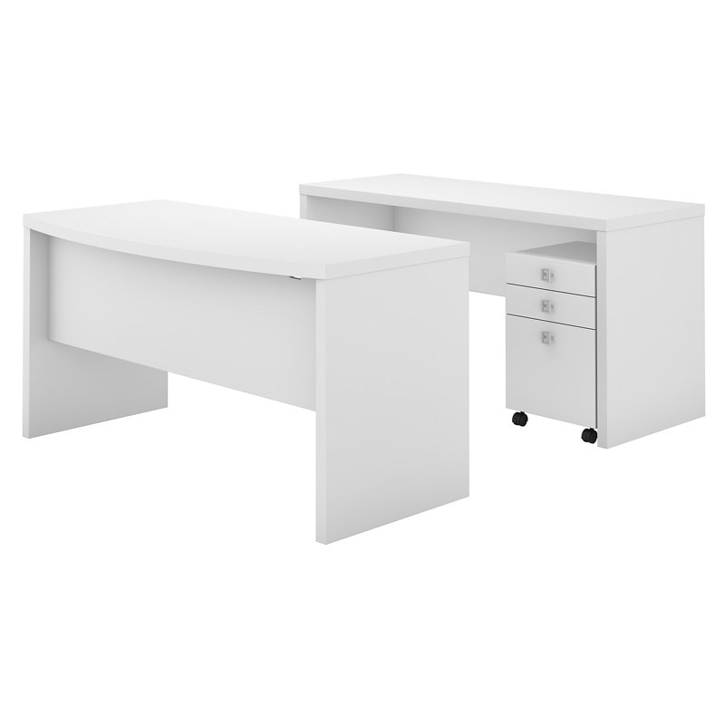 Echo 3-Piece Bow Front Desk, Credenza and Filing Cabinet Set, Pure White/Pure White