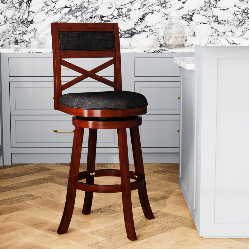 Tabouret de bar 30 po avec siège en cerisier et tissu gris anthracite moelleux - expérience d'assise luxueuse, Cerisier, Noir