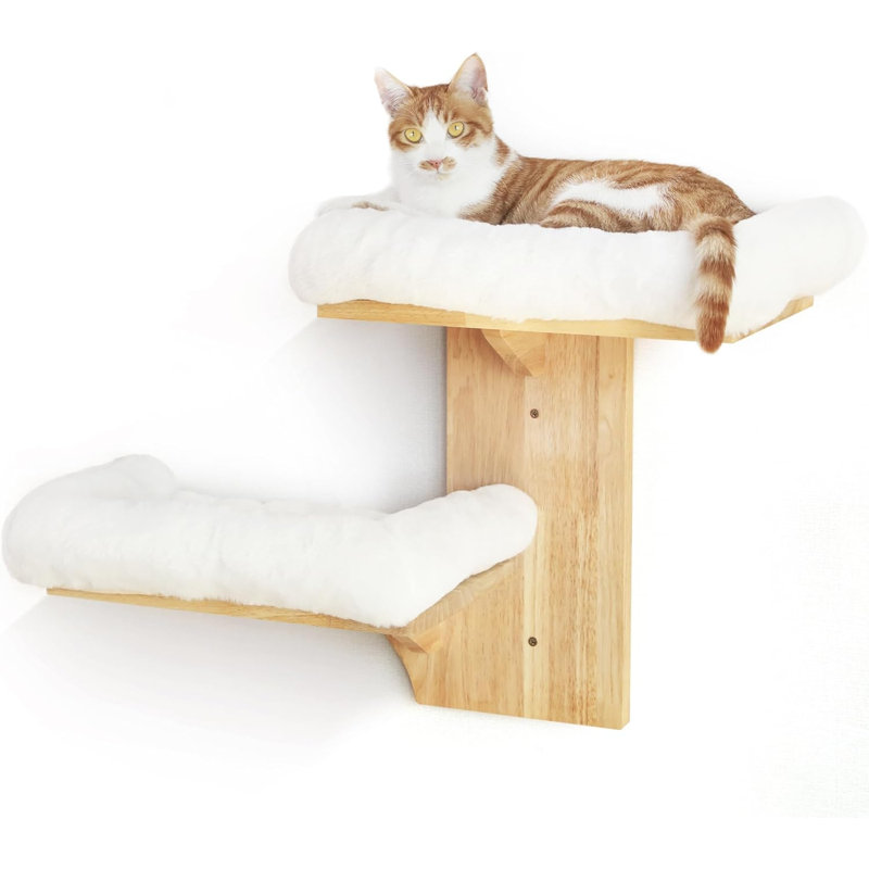 Étagères murales pour chat, 2 murs de chats avec plateforme, tablette flottante pour chaton en forme d'arbre avec perchoir à coussin souple, bois d'hévéa massif pour cloison sèche de 16 pouces, convient pour grimper, jouer, faire une sieste