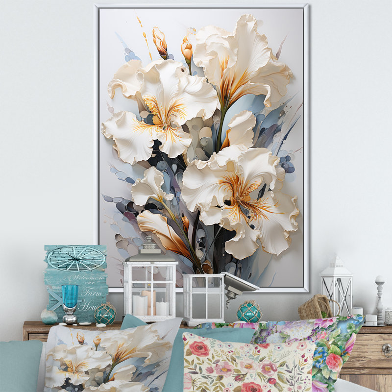 «Serenade of Irises» beige et jaune sur toile, impression sur toile, Cadre flottant blanc, H 40 po x l 30 po x P 1,5 po