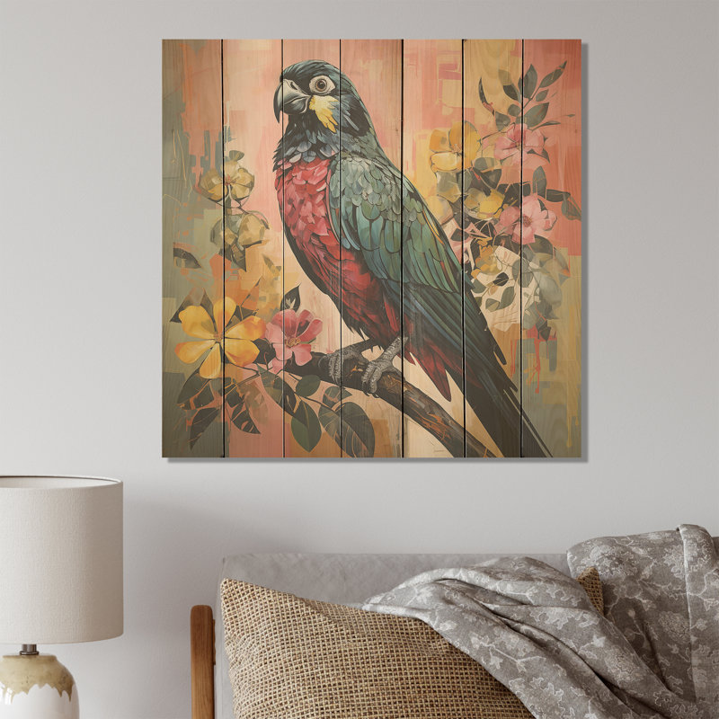 Faucon bleu et rose dans un arbre tropical I - animal faucon sur bois, H 15 po x l 15 po