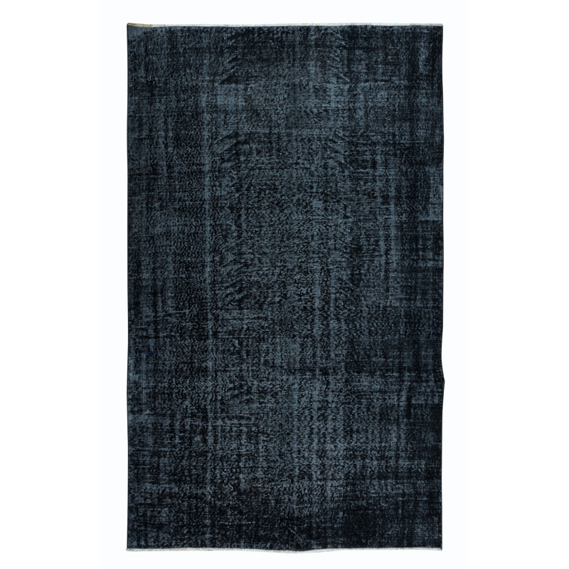Tapis turc de 5,3 x 8,7 pi fabriqué à la main en noir et noir bleuâtre, 4 grands espaces modernes