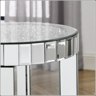 Mirror round table with crystal inlay, 2-layer modern small sofa table with storage space, silver decorative table suitable for living room, bedroom, coffee and small spaces