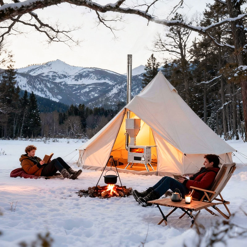 Poêle de camping d'extérieur en titane avec four Green Green Poove, compatible avec les granules ou le bois